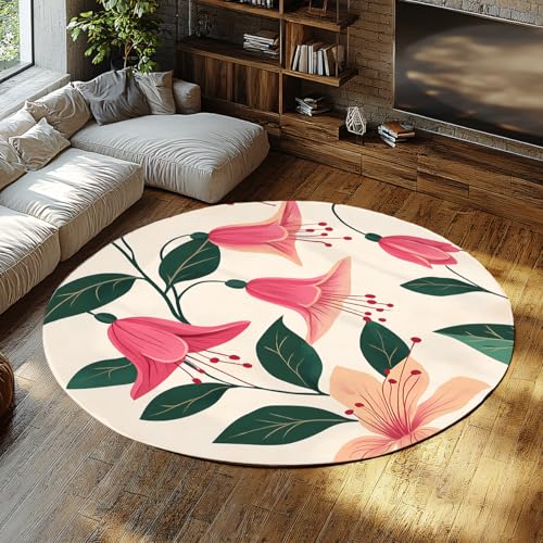 Rosa Glockenblume Botanische Runde Schlafzimmerteppiche Rutschfeste Rückseite für Wohnzimmer Mädchen Schlafzimmer Kinderzimmer Eingangsbereich Frühling Dekor Faltbarer Kurzflor Blumen Kreis 150cm von WEECHAINGE