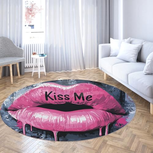 Rosa Lippen Runde Schlafzimmer Teppiche Waschbar Kreis Pop Art Grafik Teppich Rutschfester moderner Abstrakter Akzent Teppich für Schlafsaal Teen Mädchen Zimmer Dekor 80cm von WEECHAINGE
