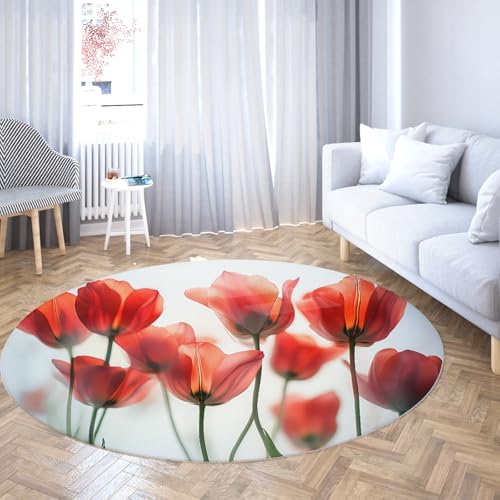 Rote Tulpe Blumen Runder Teppich Elegantes Blumenmuster Kreis Teppich Weißer Hintergrund Weiche Bereich Teppiche für Schlafzimmer Kinder Zimmer Kinderzimmer Dekor 150cm von WEECHAINGE