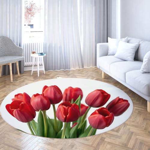 Roter Tulip Bloom Circle Teppich zentriertes Design auf weißem runden Teppich Eleganter Blumenstrauß für Wohnzimmer Schlafzimmer Kinderzimmer Kinderzimmer Dekor 60cm von WEECHAINGE