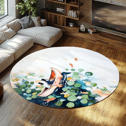 Ruderboot Seerose Teich Runde Veranda Teppich Aquarell Koi Fisch See Szene Muster Haustür Teppiche Weiche Mikrofaser Waschbar Nicht Haarausfall Kreis Wohnteppich Mädchen Schlafzimmer Stark 200cm von WEECHAINGE