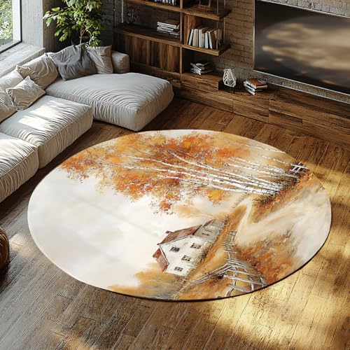 Runde Bodenteppiche Herbst Cottage Landschaft Fläche Teppich Waschbar Indoor Throw Wohnteppich Vintage Malerei Stil Warm Ahornbäume klein rutschfest für Schlafzimmer Wohnzimmer Wohnkultur 120cm von WEECHAINGE