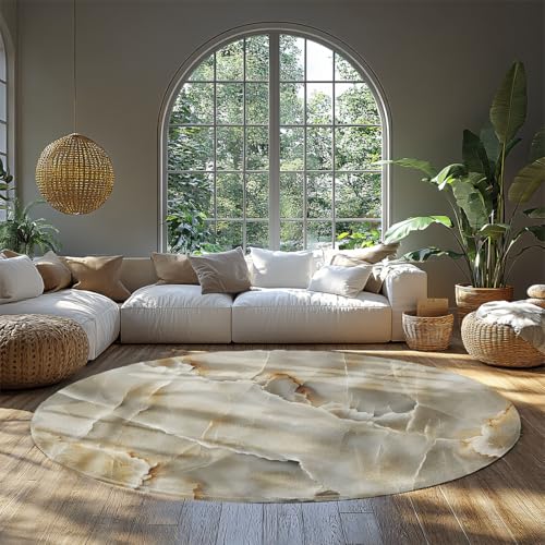 Runde Eingangsteppiche Elfenbein Onyx Marmor Druck Maschinenwaschbar Kreis Natur Stein Weich rutschfest Kinder Wurfbereich Teppich Dünner niedriger Florteppich für Wohnzimmer Schlafzimmer 180cm von WEECHAINGE