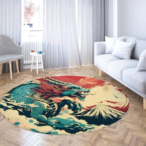 Runde Esszimmerteppiche für unter dem Tisch Vintage Drache mit Mount Fuji Rot Sonne Design Waschbarer orientalischer Teppich Wohnzimmer Eingang Kinderzimmer Wohnkultur Fleckenbeständigkeit 60cm von WEECHAINGE