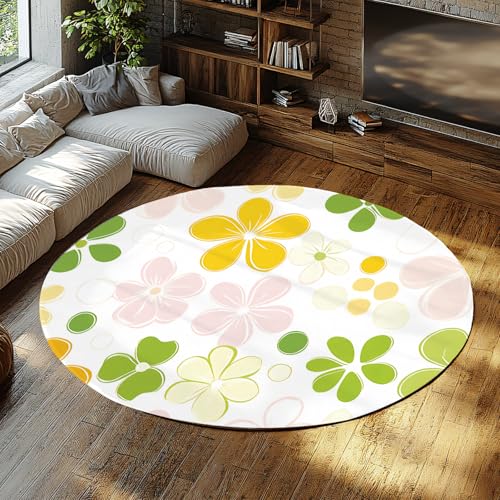 Runde Kinder Mädchen Zimmer Teppich Kinderzimmer rutschfest waschbar Weißer Hintergrund Gelb Grün Rosa Cartoon Blumendruck Teppiche für Küche Jungen Schlafsaal 135cm von WEECHAINGE