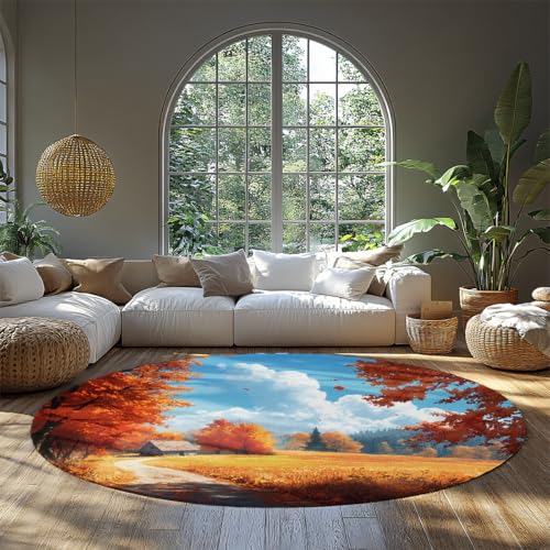 Runde Kinderteppiche für Schlafzimmer Herbst Landschaft Rutschfester Bereich Teppich Kinderzimmer Kinderraum Wohnzimmer Weg Ahornbäume Druck Waschbare niedrige Flor Bodenmatte 100cm von WEECHAINGE