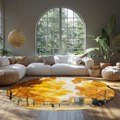 Runde Kinderteppiche für Schlafzimmer Herbst Laub Kreis Bereich Teppich Waschbar Weicher Innenboden Wohnzimmer Wohnteppich Jungen Mädchen Kinderzimmer Wohnkultur Golden Gelb & Orange 160cm von WEECHAINGE