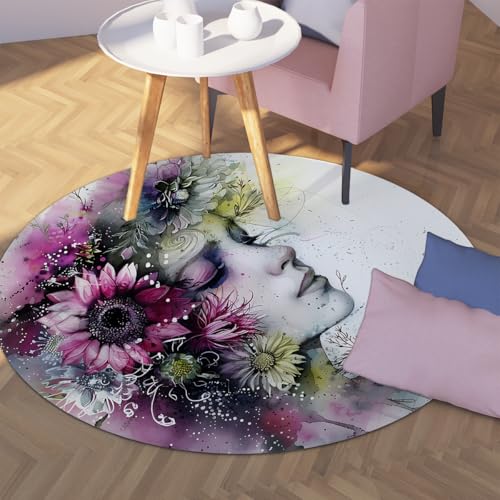 Runde Kinderzimmer Mädchen Teppich Wohnzimmer Waschbar Weiches Aquarell Frau Gesicht Blumendruck Bereich Teppiche Indoor Rutschfester Wohnteppich für Schlafzimmer Esstisch Home Office Dekor 160cm von WEECHAINGE