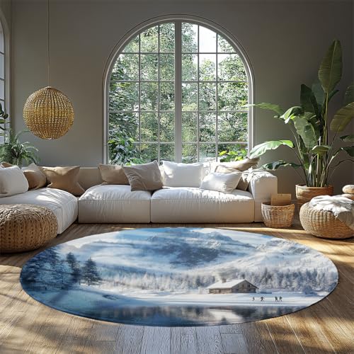 Runde Kinderzimmer Teppich Winter Schnee Landschaft Gemütlich Blau Weiß Kreis Teppiche für Schlafzimmer Schlafsaal Wohnzimmer Niedliche Bereich Fußmatte Wohnteppich 80cm Runde Kinderzimmer Teppich Winter Schnee Landschaft Gemütlich Blau Weiß Kreis Teppiche für Schlafzimmer Schlafsaal Wohnzimmer Niedliche Bereich Fußmatte Wohnteppich 80cm von WEECHAINGE