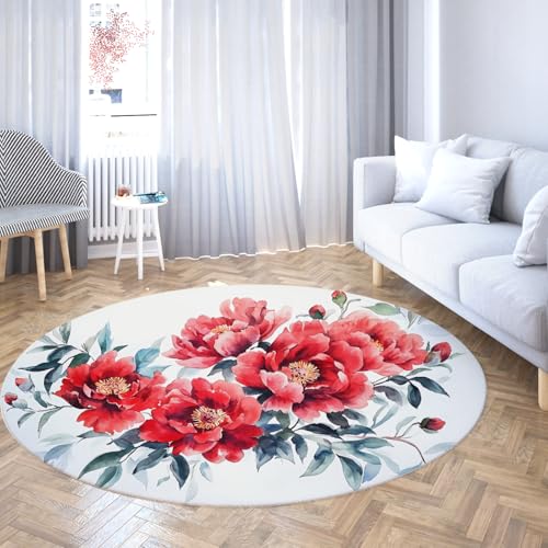 Runde Kinderzimmerteppiche für Schlafsaal Kinderzimmer rutschfest waschbar weich niedrigflorig rote Pfingstrose Blumendruck weißer Nachttisch Mikrofaser Küchenteppich 60cm Runde Kinderzimmerteppiche für Schlafsaal Kinderzimmer rutschfest waschbar weich niedrigflorig rote Pfingstrose Blumendruck weißer Nachttisch Mikrofaser Küchenteppich 60cm von WEECHAINGE