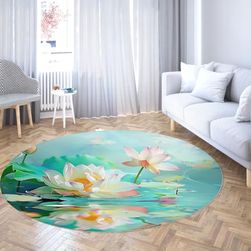 Runde Klassenzimmerteppiche Wohnzimmer waschbar weiches Wasser Lilie Lotus Print Indoor Rutschfester niedriger Florteppich für Schlafzimmer Esstisch Home Office Dekor Aqua Blau Rosa Grün 240cm von WEECHAINGE