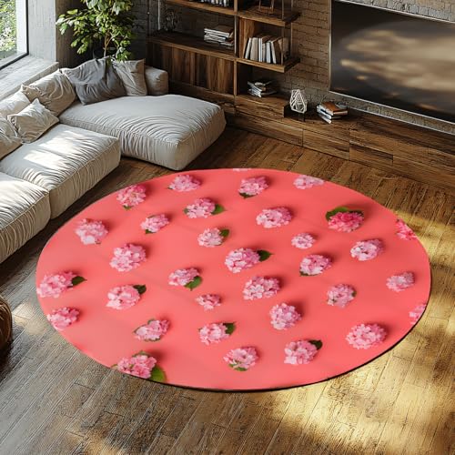 Runde Nachttischteppiche Blumen Kreis Teppich Moderner waschbarer Schlafbereich Wohnteppich Weicher Innenteppich mit niedrigem Flor Rutschfester Spaß Blumenteppich für Wohnzimmer Büro Rosa 180cm von WEECHAINGE
