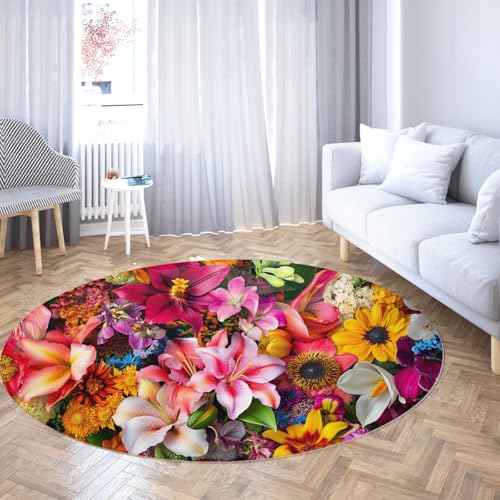 Runde Teppiche Mehrfarbig botanisch Blumendruck maschinenwaschbar Kreis Natur Pflanzen Moderne weiche rutschfeste Kinder Wurfbereich Teppich Dünner niedriger Florteppich für Wohnzimmer 100cm von WEECHAINGE