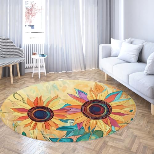 Runde Teppiche Sonnenblume Blumen Runder Kleiner Teppich Waschbarer Innenwurf Wohnteppich Vintage Abstrakte Kunst Botanisch Rutschfester Kreisteppich für Schlafzimmer Wohnzimmer Wohnkultur 160cm Runde Teppiche Sonnenblume Blumen Runder Kleiner Teppich Waschbarer Innenwurf Wohnteppich Vintage Abstrakte Kunst Botanisch Rutschfester Kreisteppich für Schlafzimmer Wohnzimmer Wohnkultur 160cm von WEECHAINGE