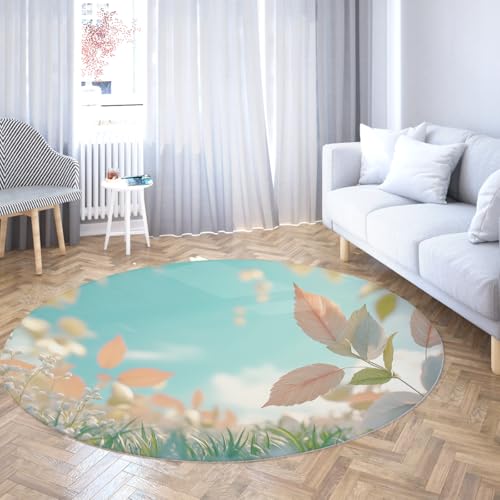 Runde Teppiche für Küche Boden waschbar rutschfest Blumen Vintage Blatt Druck Muster Teppich Wohnzimmer Schlafzimmer Kinderzimmer Pastell Pfirsich Salbei Grün Weicher niedrigfloriger Kreis 160cm von WEECHAINGE