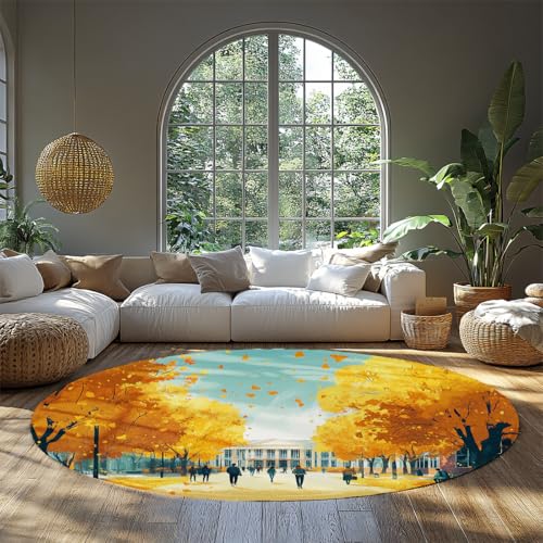 Runde Teppiche für Küche Waschbar Boho Kleiner Kreis Küchenbereich Rutschfester niedriger Flor runder Teppich Schlafzimmer Büro Eingangsbereich Badezimmer Herbst Campus Allee mit goldenen 60cm von WEECHAINGE