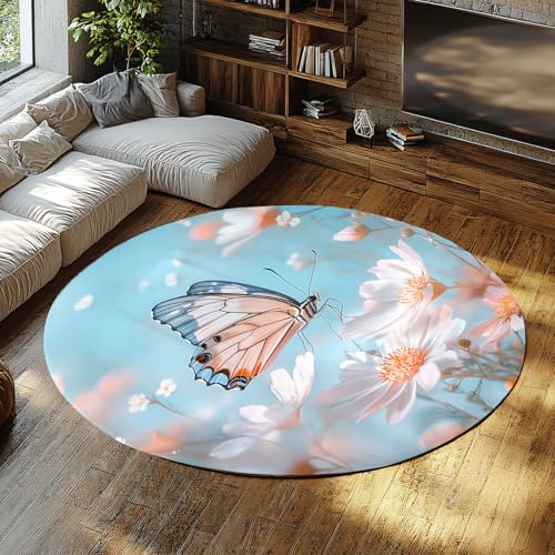 Runde Teppiche für Wohnzimmer Schmetterling Blumen Pastellblau Kreis Bereich Teppich Weicher Plüsch Schlafzimmer Wohnteppich Waschbar Innenboden Schlafsaal Matte Kinder Kinderzimmer 160cm Runde Teppiche für Wohnzimmer Schmetterling Blumen Pastellblau Kreis Bereich Teppich Weicher Plüsch Schlafzimmer Wohnteppich Waschbar Innenboden Schlafsaal Matte Kinder Kinderzimmer 160cm von WEECHAINGE
