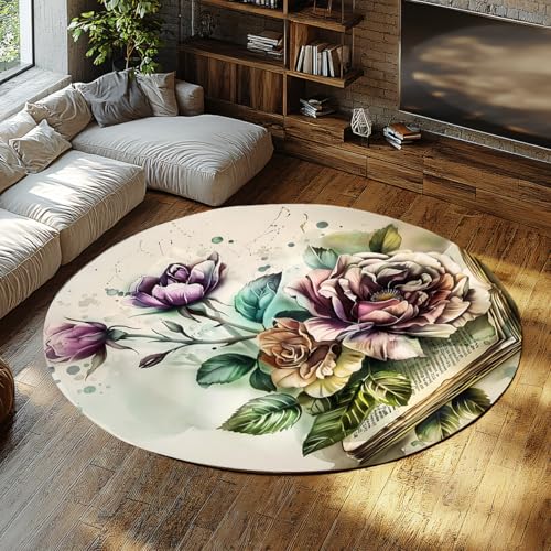 Runde Teppiche für den Eingangsbereich Wohnzimmer Waschbar Weich Vintage Book & Roses Blumendruck Bereich Teppich Indoor Rutschfester Wohnteppich Schlafzimmer Esstisch Home Office Dekor 135cm von WEECHAINGE