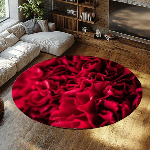 Runde Teppiche mit rotem Rosenblatt und Makrodruck für den Flur Waschbare Badematte Rutschfester niedriger Flor-Kreisteppich Badezimmer Badewanne Wohnzimmer Schlafzimmer Kinderzimmer Küche 150cm von WEECHAINGE