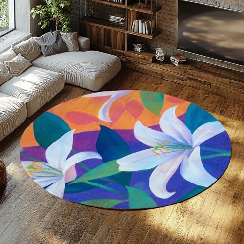 Runde Veranda Teppiche Weiße Lilie Blätter Fläche Teppich Waschbar Indoor Throw Wohnteppich Vintage Abstrakte Kunst Botanisch Kleiner Rutschfester Kreis Bodenmatte für Schlafzimmer 90cm von WEECHAINGE