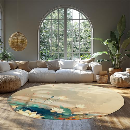 Runde Vintage-Teppiche Blaugrün waschbarer Kreisteppich Rutschfester bedruckter Lotus-Blumenteppich für Wohnzimmerx weicher gemütlicher Essküchenüberwurf den Eingangsbereich 90cm von WEECHAINGE