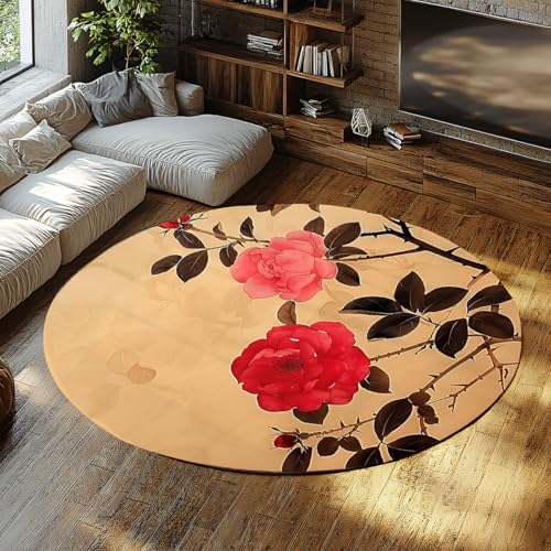 Runde Wohnzimmerteppiche waschbar weich orientalisch Kamelie Rose Zweig Druck Kinderteppich Indoor Rutschfester Teppich für Schlafzimmer Esstisch Home Office Dekor Beige Braun Rot 160cm von WEECHAINGE