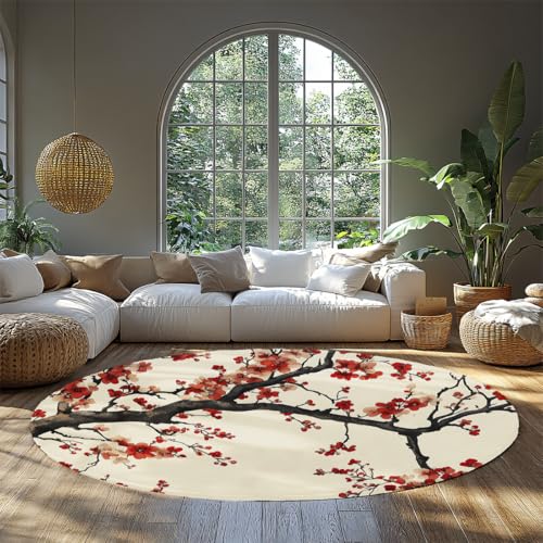 Runde waschbare Küchenteppiche Weiche Kirschblüte Zweig Druck Bereich Teppich Indoor Rutschfester Wohnteppich für Schlafzimmer Esstisch Home Office Dekor Rot Creme 150cm von WEECHAINGE