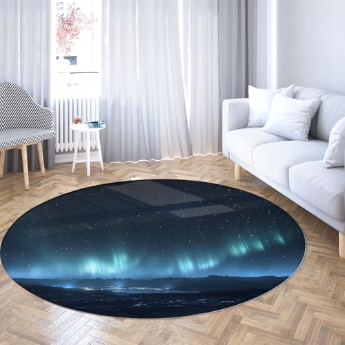 Runder Aurora Borealis Extra großflächiger Teppich Eisblau und Mitternachtsblau Nordlichter mit silbernen City Glow waschbaren Schlafzimmerteppichen für Mädchen 180cm von WEECHAINGE