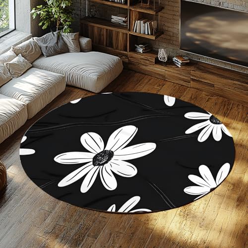 Runder Badezimmerteppich Rutschfester waschbarer Kurzflor mit schwarzem und weißem Gänseblümchenblumendruck Moderne minimalistische Nachttischteppiche für den Flur 100cm Runder Badezimmerteppich Rutschfester waschbarer Kurzflor mit schwarzem und weißem Gänseblümchenblumendruck Moderne minimalistische Nachttischteppiche für den Flur 100cm von WEECHAINGE