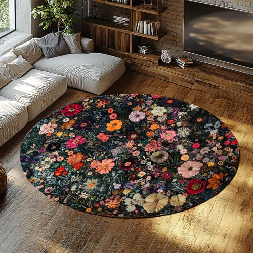 Runder Blumen Bereich Teppich Rutschfester Teppich Vintage Botanisch Dunkler Hintergrund Bunte Blumen Weicher niedriger Flor für Wohnzimmer Schlafzimmer Kinderzimmer 150cm Runder Blumen Bereich Teppich Rutschfester Teppich Vintage Botanisch Dunkler Hintergrund Bunte Blumen Weicher niedriger Flor für Wohnzimmer Schlafzimmer Kinderzimmer 150cm von WEECHAINGE