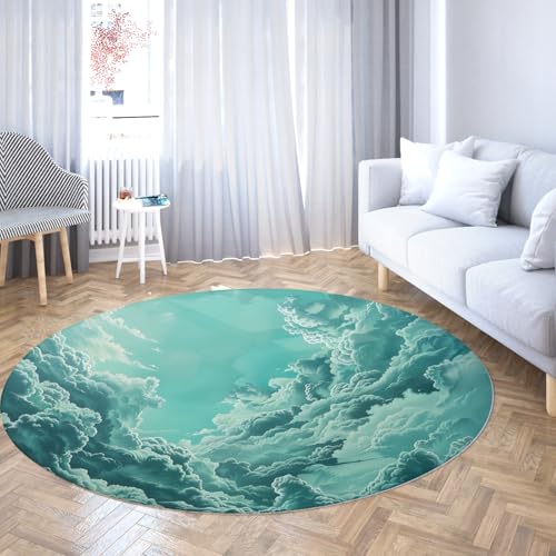 Runder Boden Teppich Schlafzimmer Nachttisch Anti-Rutsch Waschbar Kurzflor Blaugrün Himmel verträumt Wolkenlandschaft Kinderzimmer Kinderzimmer Spielzimmer Weiche Veranda Teppiche 135cm von WEECHAINGE