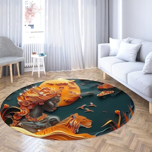 Runder Boho-Teppich Teal Orange Tribal Art Fleckenabweisend für Schlafzimmer Esszimmer Wohnzimmer Flur Büro Küche Eingangsbereich rutschfest 80cm Runder Boho-Teppich Teal Orange Tribal Art Fleckenabweisend für Schlafzimmer Esszimmer Wohnzimmer Flur Büro Küche Eingangsbereich rutschfest 80cm von WEECHAINGE