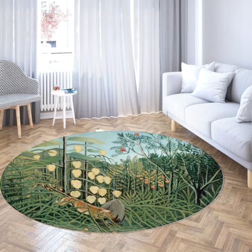 Runder Eingangsteppich 120cm Grüngrüner Dschungelteich Waschbarer Rutschfester Kurzflor Kreis Küchenteppiche für Terrasse Garten Studio Bank Gemütliche Ecke Grüner Teppich von WEECHAINGE