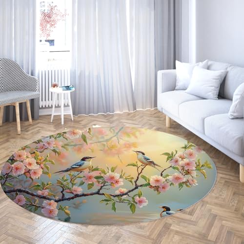 Runder Haustürteppich waschbarer Indoor-Vintage-Kreis-Zimmerteppich Leichter Rutschfester dünner rosa Kirschblüten-Vogelteppich für das Wohnzimmer 90cm Runder Haustürteppich waschbarer Indoor-Vintage-Kreis-Zimmerteppich Leichter Rutschfester dünner rosa Kirschblüten-Vogelteppich für das Wohnzimmer 90cm von WEECHAINGE