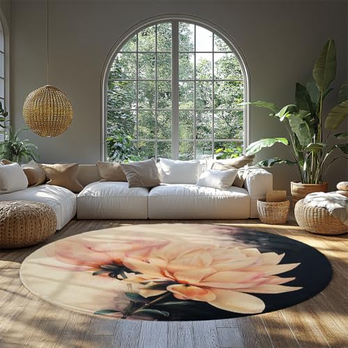 Runder Innenbereich Teppich für Patio Pfirsich Blumen waschbare Schlafzimmerteppiche Rutschfester Kreis Eingangsteppich Wohnzimmer weiche runde Aquarell Dahlie Badezimmer Esszimmer 120cm von WEECHAINGE