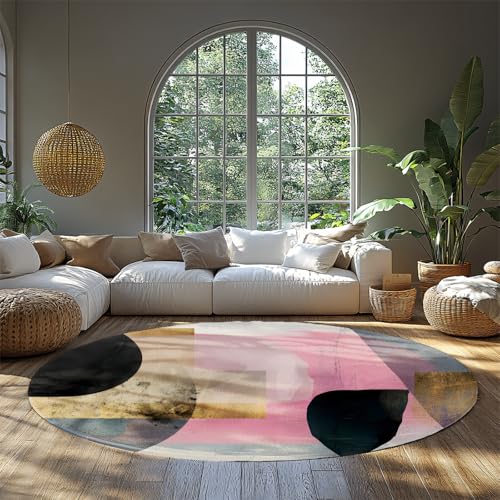 Runder Kinderzimmerteppich Kinderzimmer Spielzimmer Anti-Rutsch Nicht Verschütten Weich Niedrigflor Pastell Rosa Schwarz Gold Abstrakter Geometrischer Nachttisch Schlafsaal Teppich 180cm von WEECHAINGE