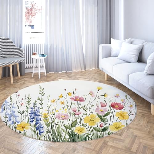 Runder Kinderzimmerteppich Kinderzimmer Spielzimmer rutschfest waschbar weich niedrigflorig Aquarell Blumendruck Gelb Rosa Blau Grün Blumen Nachttisch Teppich 100cm von WEECHAINGE