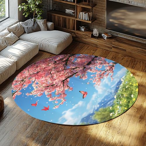 Runder Kirschblütenteppich rosa Sakura Schmetterlinge Frühling Natur Teppich waschbarer Rutschfester weicher Akzentteppich für Schlafzimmer Kinderzimmer Wohnzimmer 160cm von WEECHAINGE