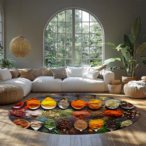 Runder Raumteppich Moderne Küche Gewürzlöffel Druck Bereich Teppiche Indoor Circle Waschbarer Rutschfester Teppich für Esszimmer Wohnzimmer Eingangsbereich Bunte Kräuter Gewürze auf 60cm von WEECHAINGE
