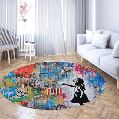 Runder Rutschfester Teppich waschbare Kreismatte Graffiti Street Art Moderne Teppiche Bunte Mädchen Silhouette rutschfest dünn für Eingangsküche 180cm von WEECHAINGE