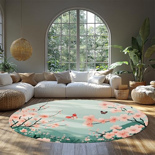 Runder Sakura Blütenteppich Rosa Kirschblütenteppich mit Schmetterlingen Frühling Naturdruck waschbar für Schlafzimmer Kinderzimmer Wohnzimmer Büro 90cm von WEECHAINGE