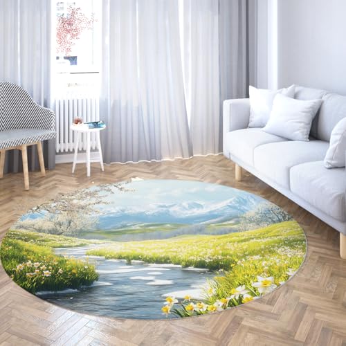 Runder Teppich Wohnzimmerteppiche Waschbar Neutral Modern Frühling Wiese Bach Grün Blau Weich Dünner Innenboden Kein Rutsch Wohnteppich für Schlafzimmer Unter Esstisch Home Office Dekor 200cm von WEECHAINGE