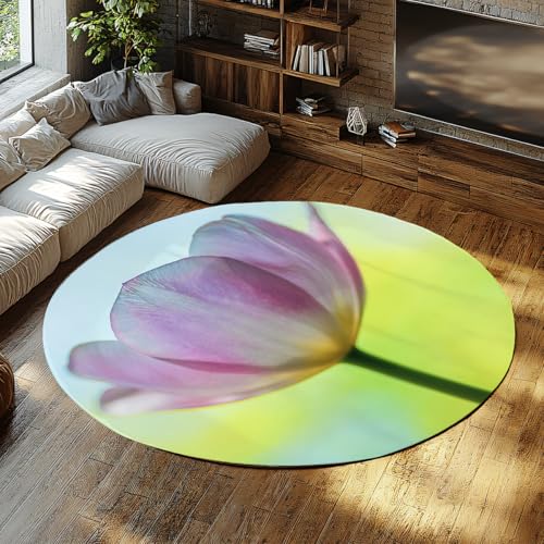 Runder Teppich für Kinderzimmer Rosa Tulpe Blumendruck rutschfeste waschbare Teppiche Wohnteppich niedriger Flor Wohnzimmer Schlafzimmer Kinderraum Eingangsbereich Frühling Botanischer Kreis 90cm von WEECHAINGE