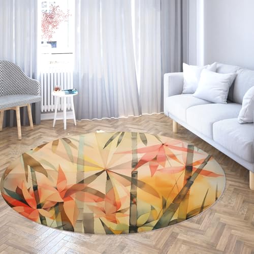 Runder Teppich für Wohnzimmer Schlafzimmer Kreis Bereich Vorleger für Esszimmer Tisch Vintage waschbar Beige Orange Bambus Blätter Kunst Kinderzimmer Dekor 200cm von WEECHAINGE
