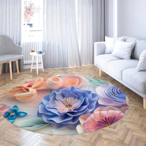 Runder Teppich für Wohnzimmer Waschbar Boho Blumen Pastell Kleine Kreis Küchenbereich Teppiche rutschfeste niedrige Flor Runde Weicher Wohnteppich Schlafzimmer Büro Küche Eingangsbereich 150cm von WEECHAINGE