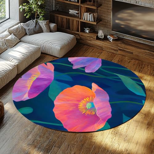 Runder Teppich für Wohnzimmer waschbar Blumen Marineblau Rosa kleine kreisförmige Küchenteppiche rutschfeste runde Teppiche mit niedrigem Flor weicher Wohnteppich Schlafzimmer Büro Küche 60cm von WEECHAINGE