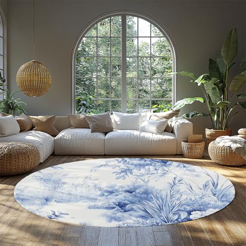 Runder Teppich für Wohnzimmer waschbar blau Toile floral kleine runde Küchenteppiche rutschfeste niedrige Flor Teppiche weicher Wohnteppich Schlafzimmer Büro Küche Eingangsbereich Badezimmer 80cm Runder Teppich für Wohnzimmer waschbar blau Toile floral kleine runde Küchenteppiche rutschfeste niedrige Flor Teppiche weicher Wohnteppich Schlafzimmer Büro Küche Eingangsbereich Badezimmer 80cm von WEECHAINGE