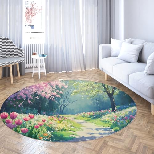 Runder Teppich für das Wohnzimmer Boho Spring Garden Pathway Design Circle Carpet Waschbarer weicher runder Teppich mit niedrigem Flor für den Kücheneingang 60cm Runder Teppich für das Wohnzimmer Boho Spring Garden Pathway Design Circle Carpet Waschbarer weicher runder Teppich mit niedrigem Flor für den Kücheneingang 60cm von WEECHAINGE