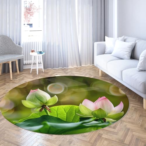 Runder Terrassenteppich Wohnzimmer waschbar weicher Lotusblütendruck Indoor Rutschfester niedriger Florteppich für Schlafzimmer Esstisch Home Office Dekor Grün Rosa 90cm von WEECHAINGE
