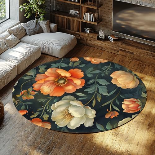 Runder Veranda-Teppich Floral Circle Teppiche Moderner waschbarer Schlafzimmerbereich Teppich Weicher Innenteppich mit niedrigem Flor Rutschfester Spaß Blumen Botanischer Wohnteppich für 180cm von WEECHAINGE